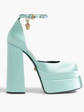 Versace Medusa Aevitas Satin Embellished Platform Pumps Heels Mint Size 36.5
